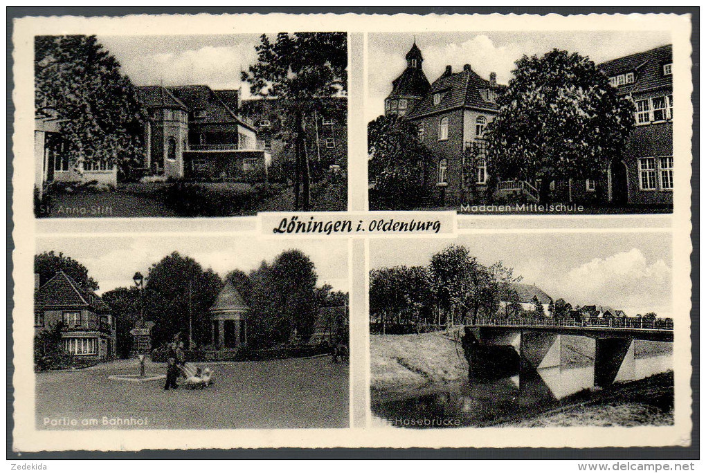 C2558 Alte MBK Ansichtskarte Löningen I. Oldenburg Schule Brücke - Gel 1957 - Loeningen