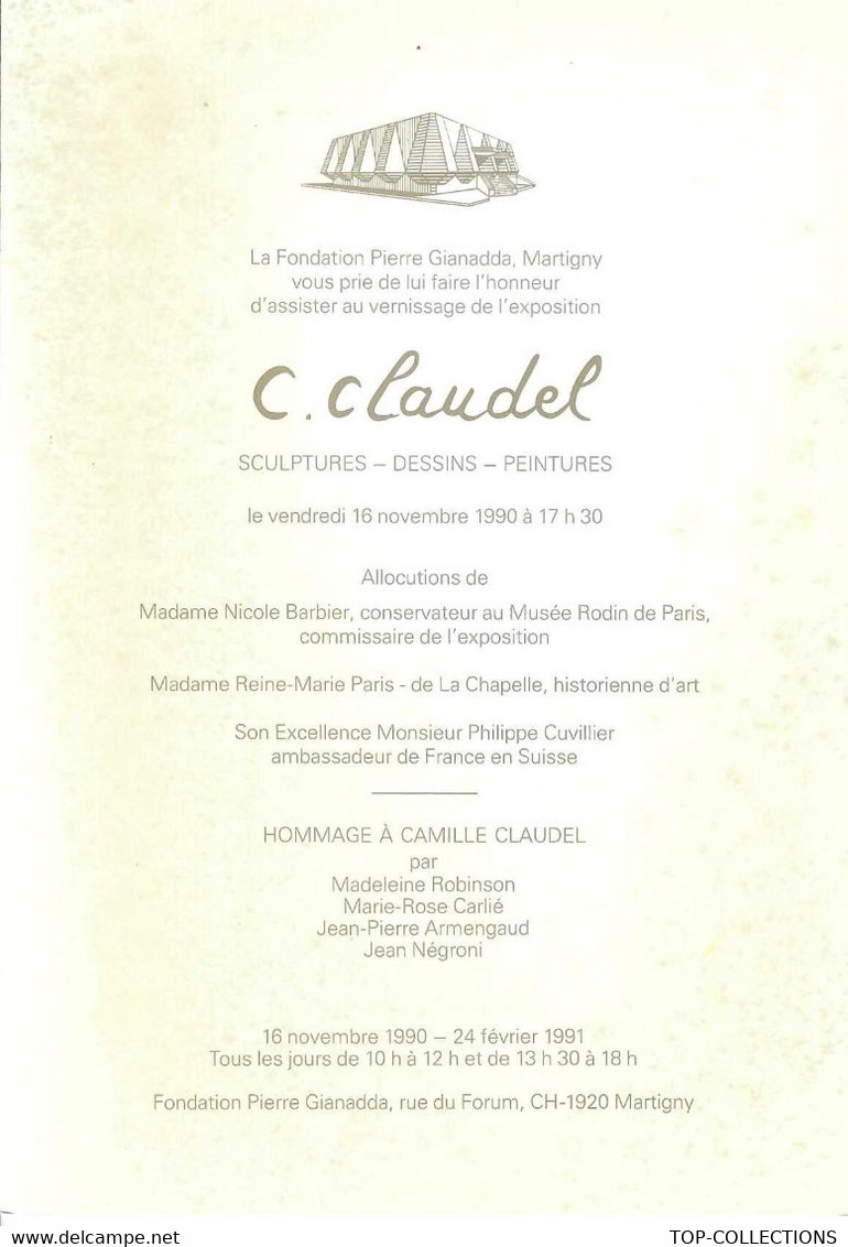 1990 MUSEE FONDATION GIANADDA Martigny Suisse CARTON INVITATION VERNISSAGE EXPOSITION Camille Claudel  B.E.V.SCANS - Collezioni