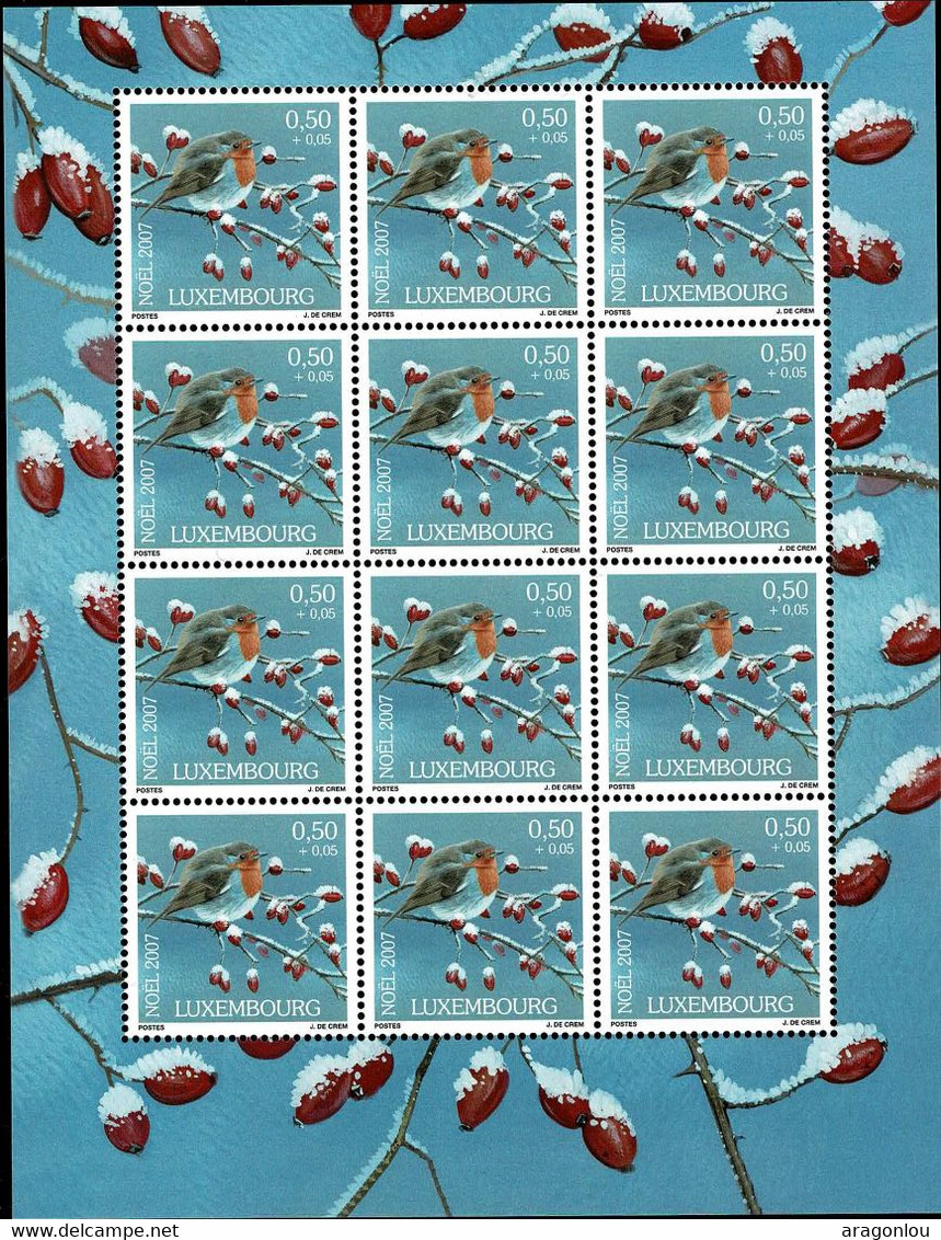 Luxembourg, Luxemburg 2007 Feuille Noël Rouge-gorge 12x 0,50€ Neuf MNH** - Feuilles Complètes