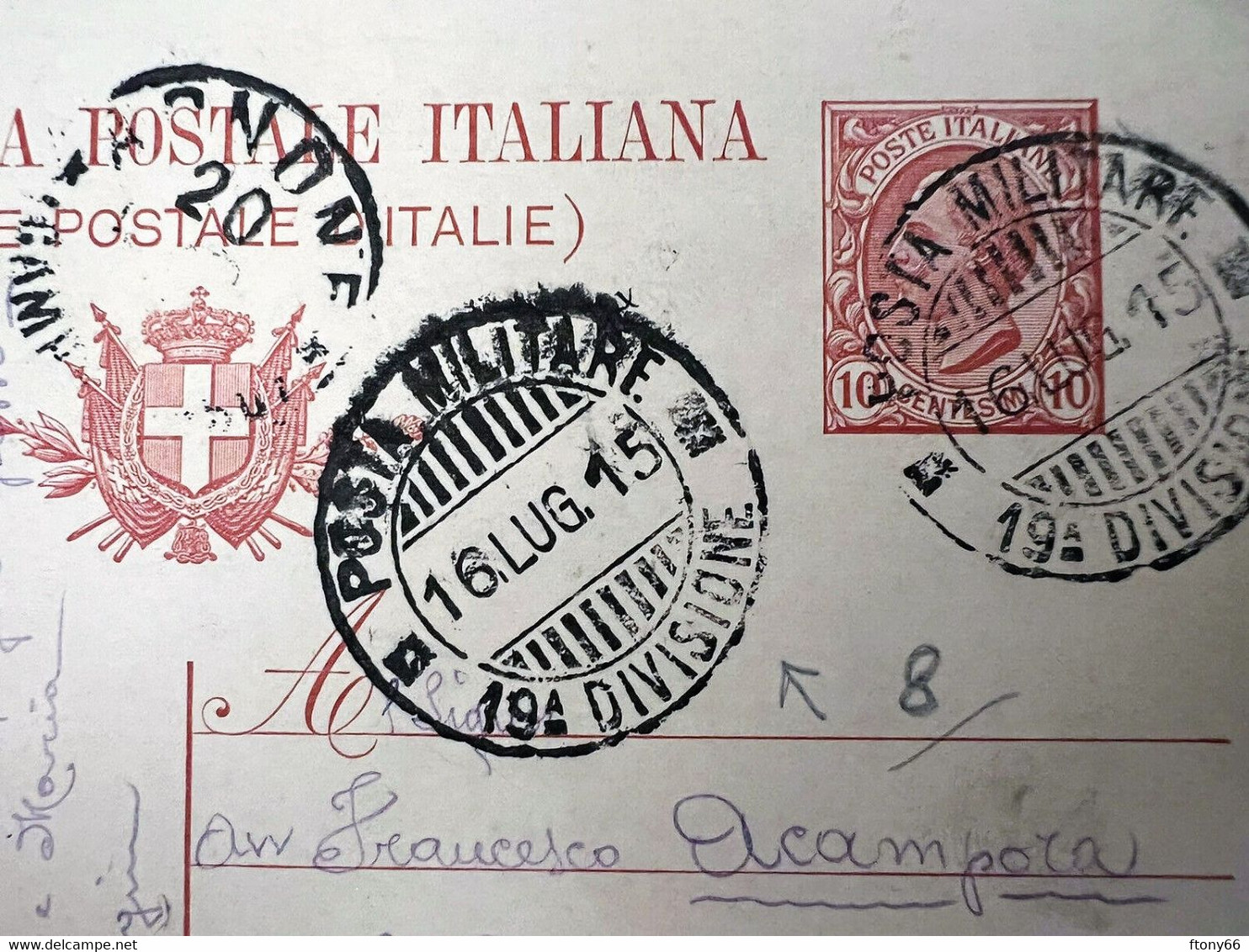 MA22 Cartolina Postale Ct.10 VG POSTA MILITARE 19^ DIVISIONE Per Agnone 16-7-1915 - Marcofilie