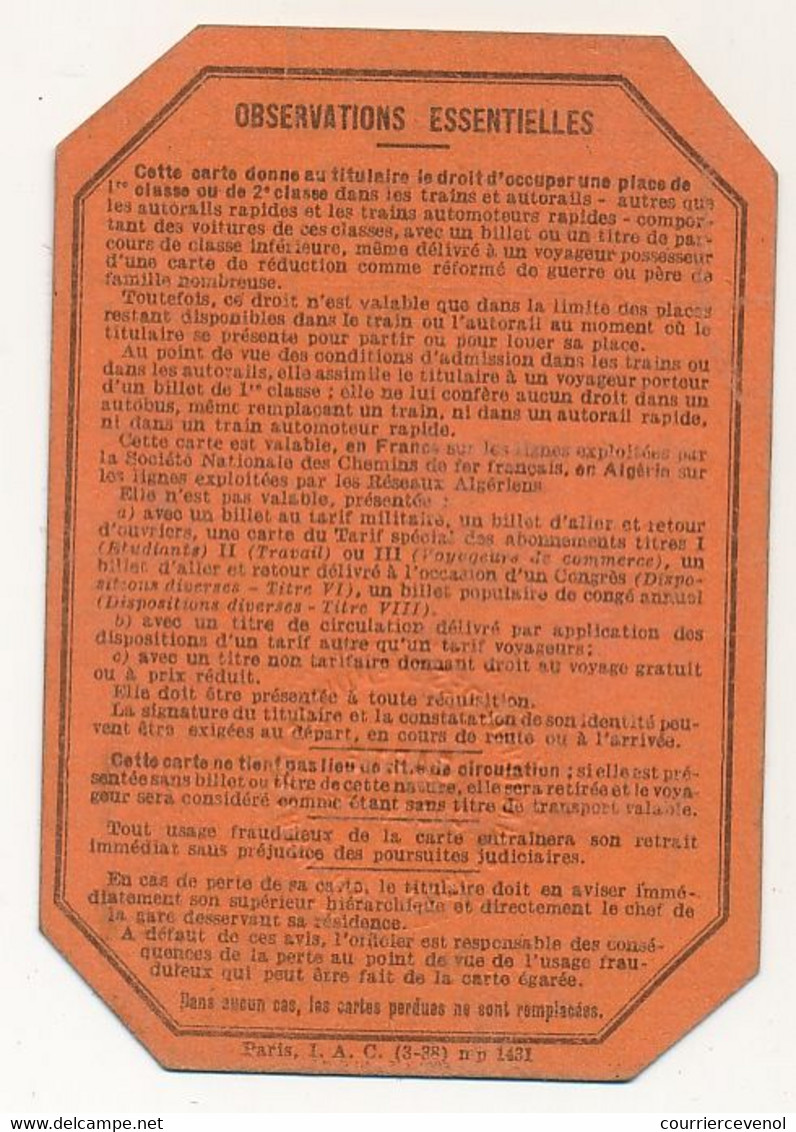 Chemins De Fer Français Et Réseaux Algériens - Carte De Surclassement 1938/1939 - Très Bel état - Altri & Non Classificati