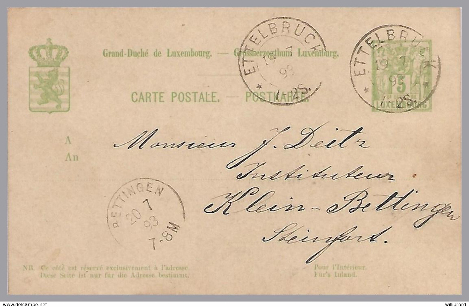 LUXEMBOURG - Bettingen Cds - T31 1893 - 5c Allegory Postal Card - 1882 Allegory