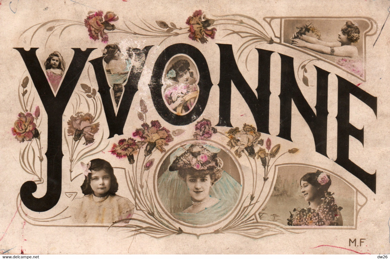 Prénom Yvonne - Multivues, Femme En Médaillon - Carte M.F. Colorisée - Firstnames