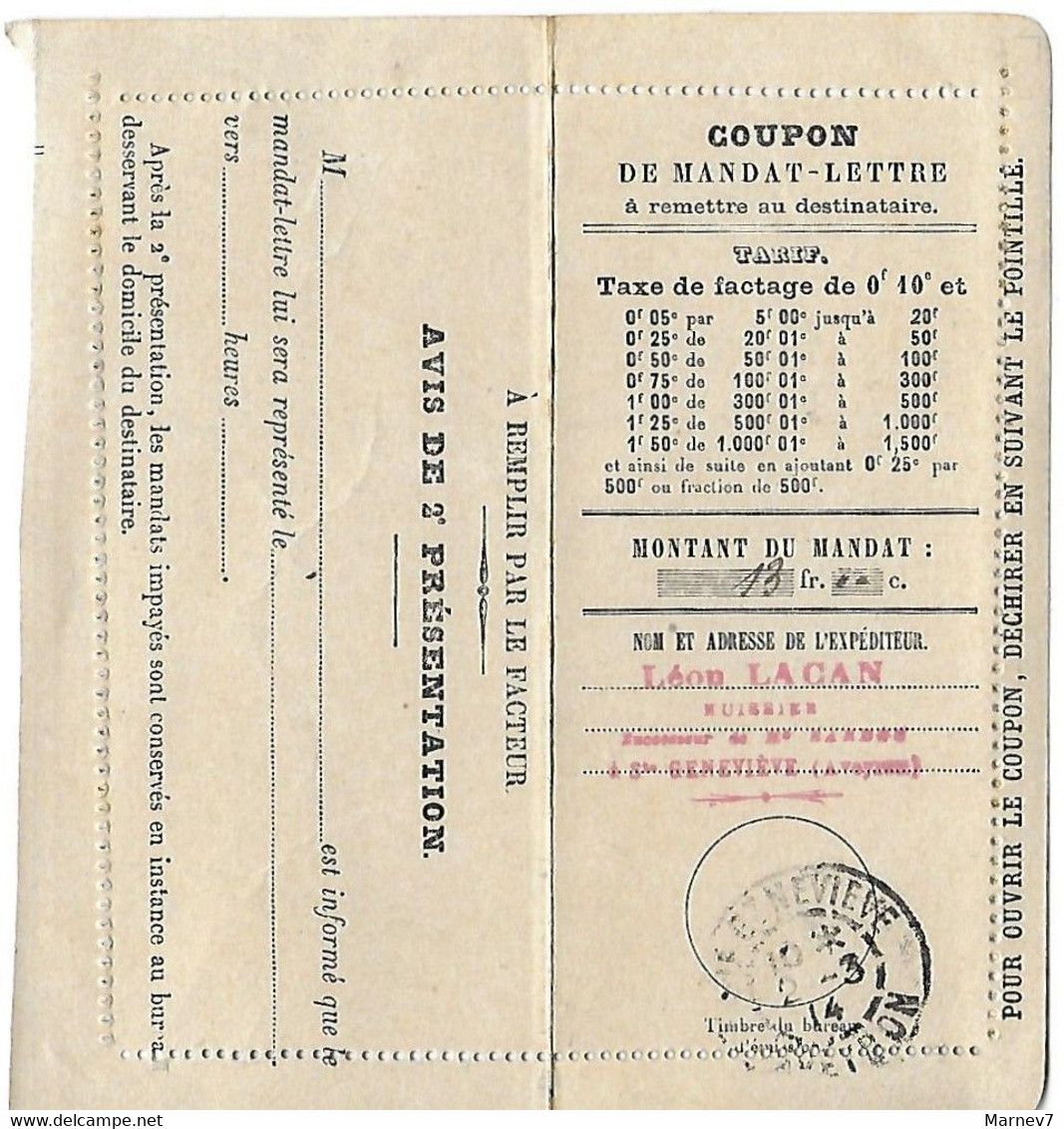 Coupon De MANDAT LETTRE - Cad Ste GENEVIEVE 2 3 1914 - Taxe De Factage - LACAN Huissirer - - Covers & Documents