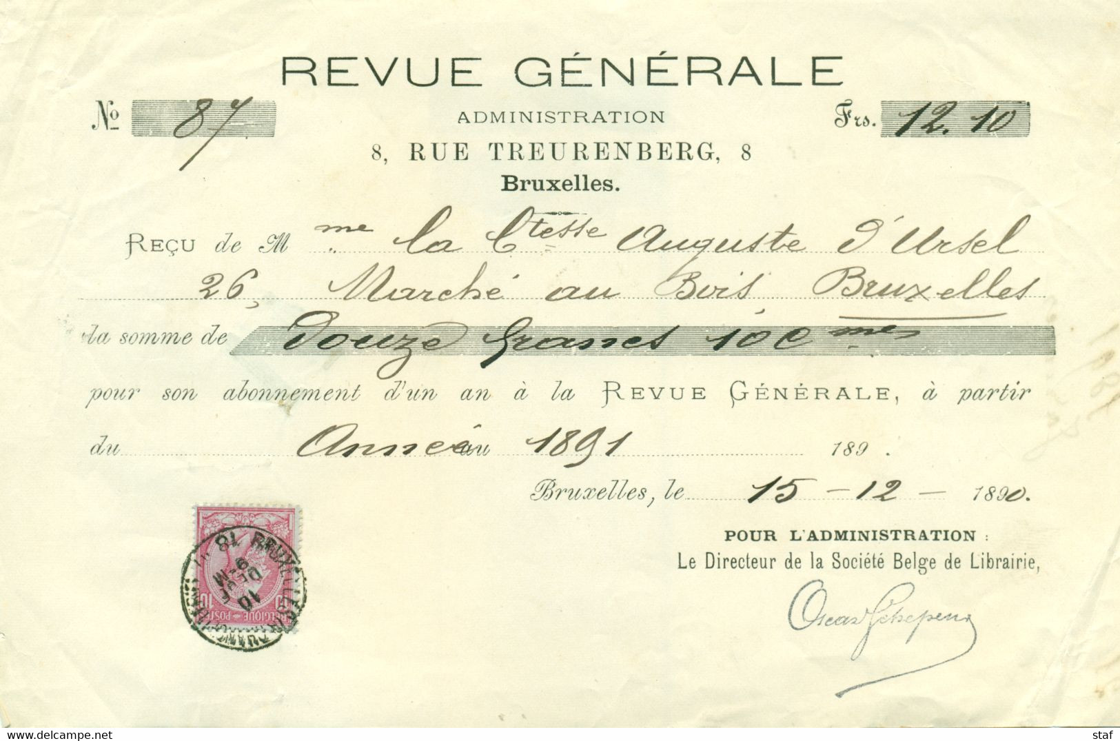 Revue Générale à Bruxelles - Reçu De La Comtesse  Auguste D'Ursel Pour Son Abonnement : 1891 - 1800 – 1899