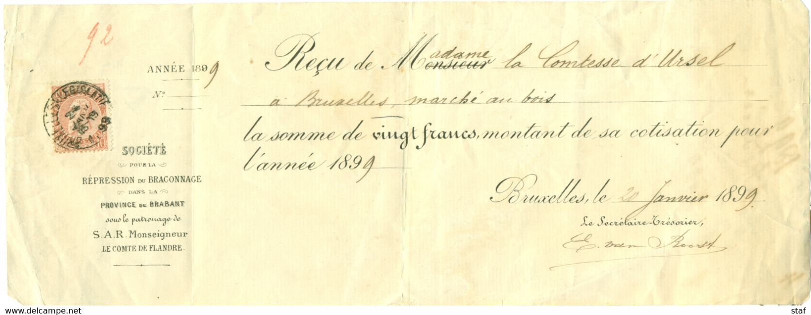 Société Pour La Répression Du Braconnage Dans La Province De Brabant   - Reçu De La Comtesse Aug. D'Ursel : 1899 - 1800 – 1899