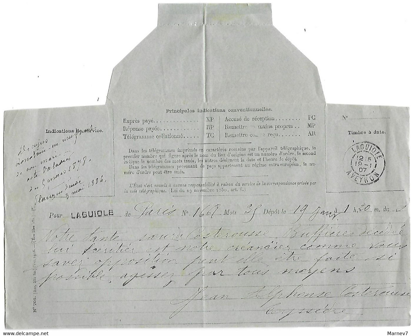 Télégramme 1907 - Cad LAGUIOLE 19 - 1 - 07 Aveyron - Valadier Notaire - - Covers & Documents