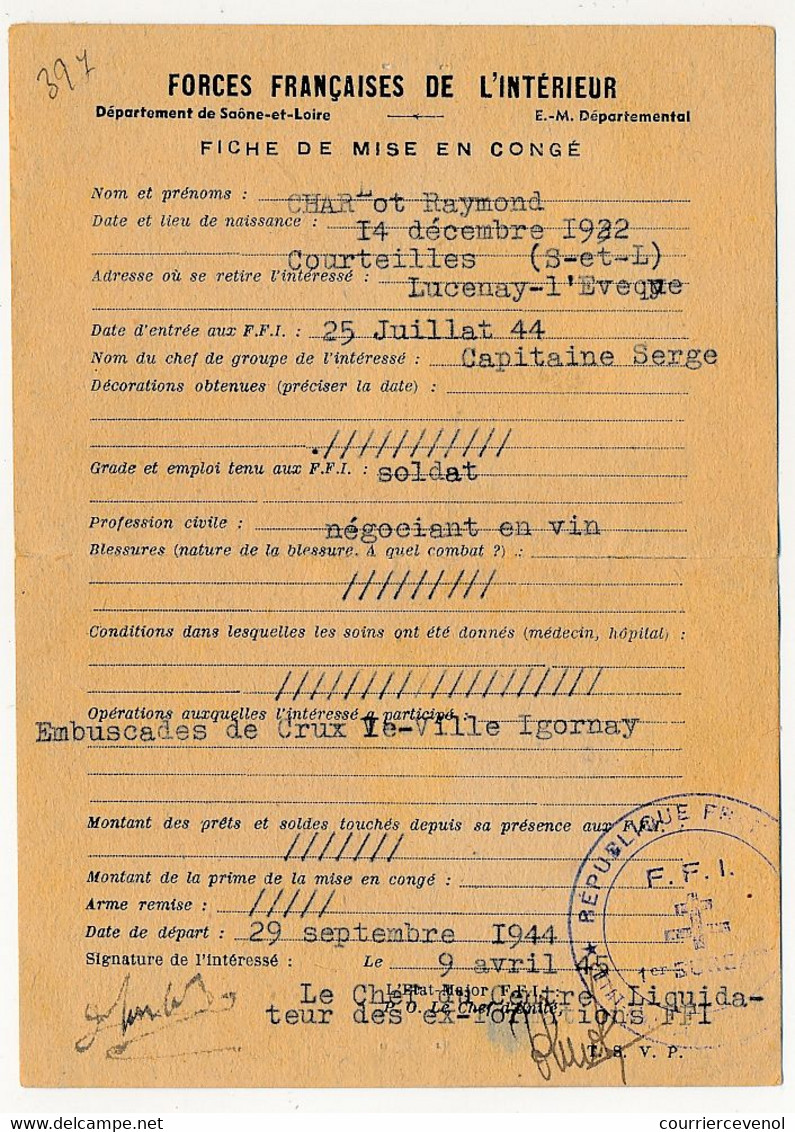 Fiche De Mise En Congé - FORCES FRANÇAISES DE L'INTERIEUR - Dépt De Saône Et Loire - 1945 - 1939-45