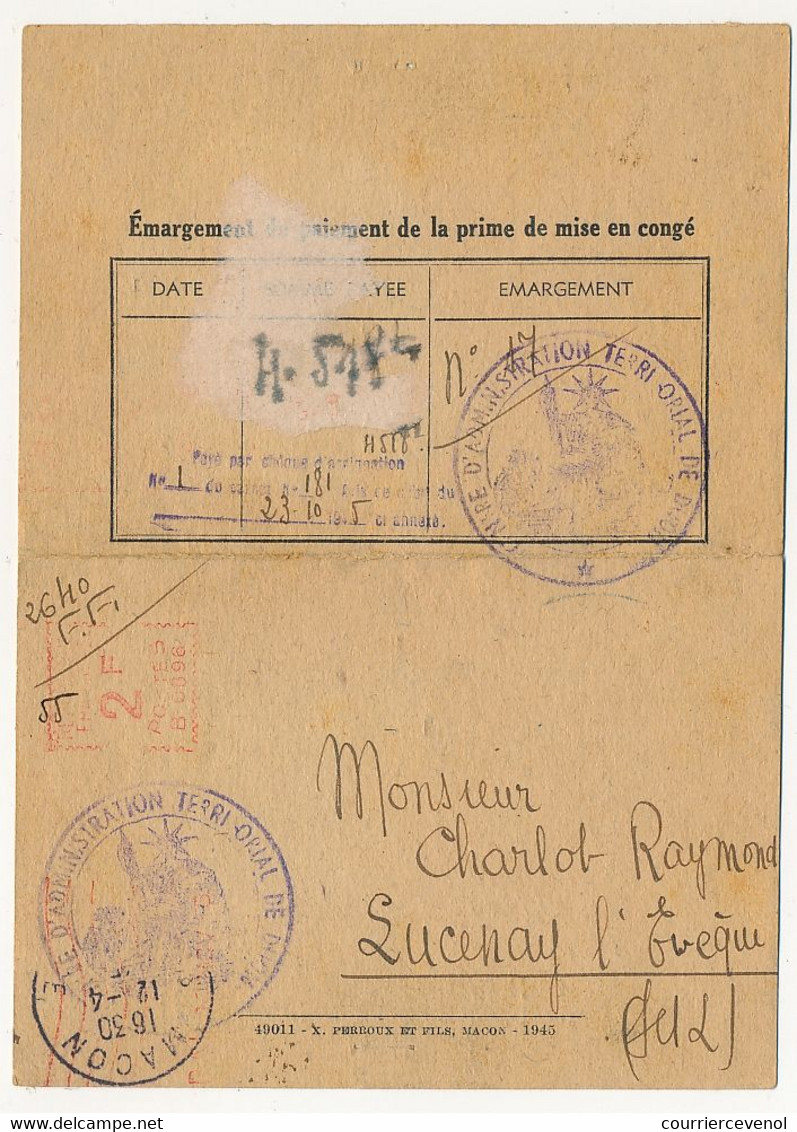 Fiche De Mise En Congé - FORCES FRANÇAISES DE L'INTERIEUR - Dépt De Saône Et Loire - 1945 - 1939-45
