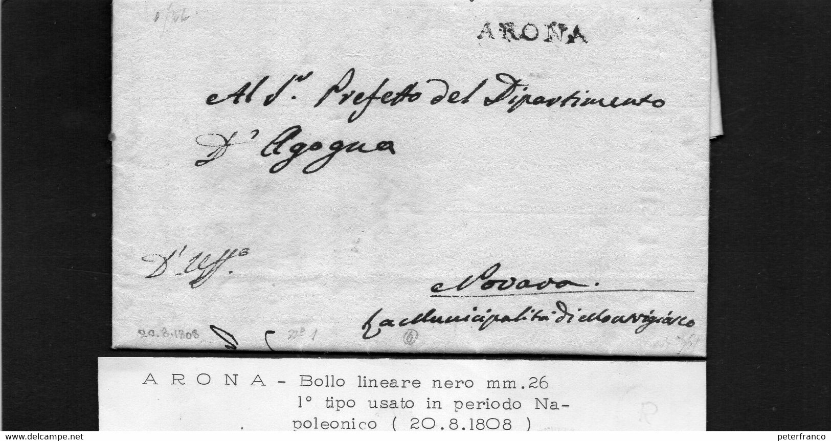 CG8 - Regno D'Italia Dip. Agogna - Lett. Da Montrigiasco X Novara 20/8/1808  - Ann. Di Arona Lin. Nero - 1. ...-1850 Prefilatelia