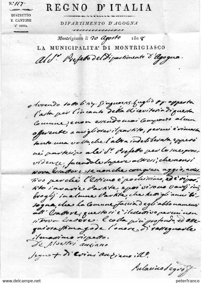 CG8 - Regno D'Italia Dip. Agogna - Lett. Da Montrigiasco X Novara 20/8/1808  - Ann. Di Arona Lin. Nero - 1. ...-1850 Prefilatelia