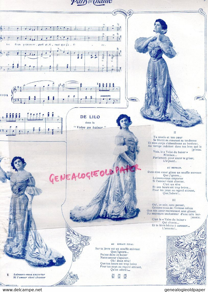 PARIS QUI CHANTE- PARTITION MUSIQUE-N° 72- 1904- POLIN-DE LILO-VALSE AU BAISER-SERENADE PIOUPIOU-SCALA-SUZANNE ELLEN- - Partituren