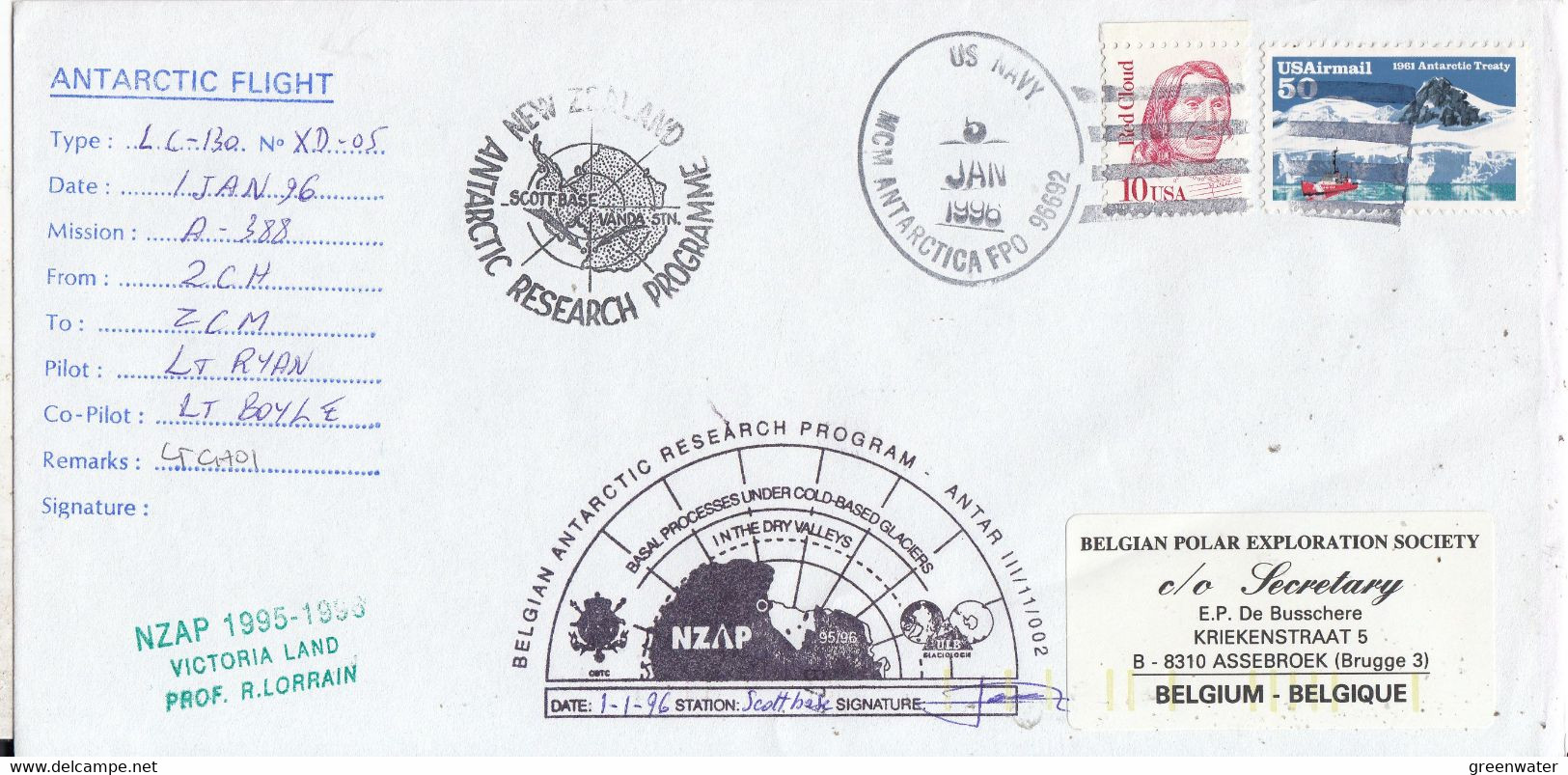 Antarctic Flight 1 JAN 1996 Cover Ca Belgian Antarctic Research Program Ca 5 Jan 96 McMurdo Base (AB235) - Vuelos Polares