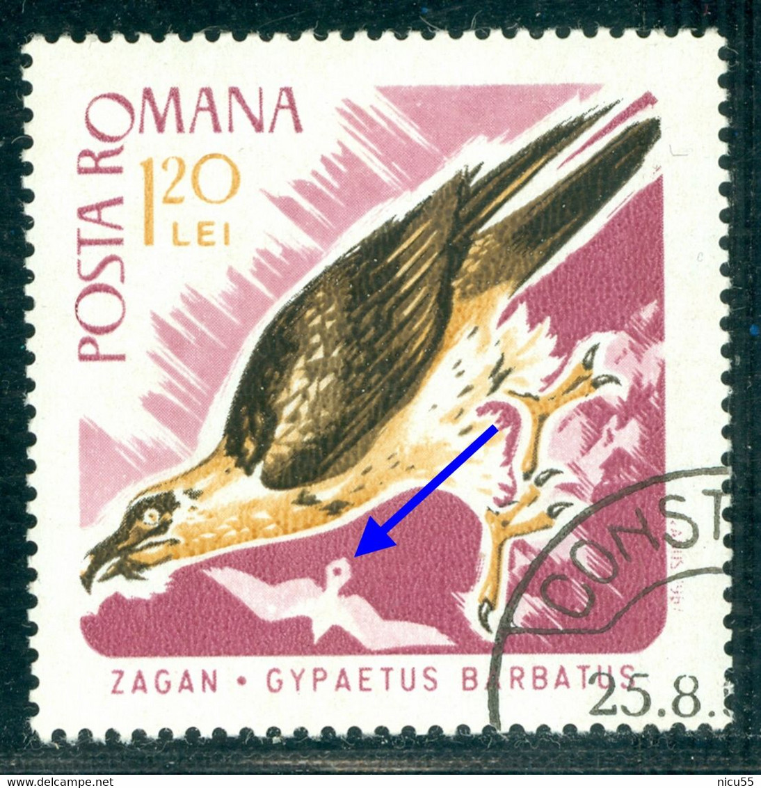 1967 Bearded Vulture/Gypaetus Barbatus,lammergeier,Bird Of Prey,Romania,2574,variety ERROR,VFU - Abarten Und Kuriositäten