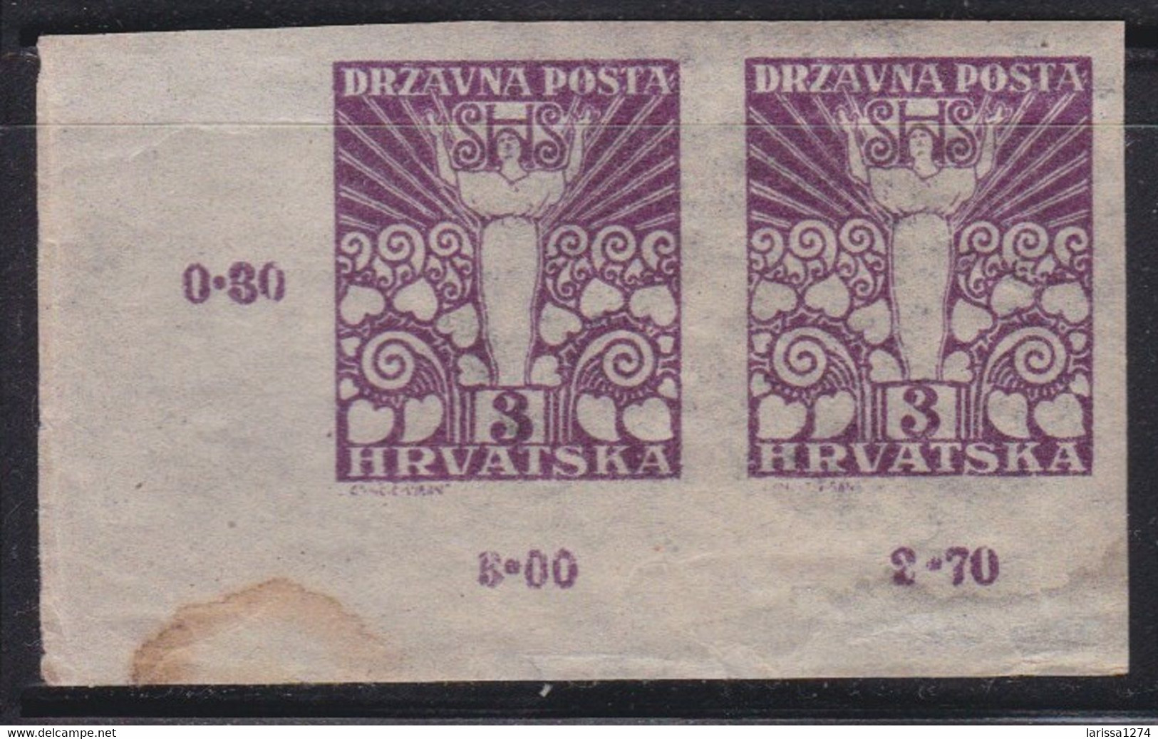 461. Yugoslavia SHS Croatia 1919 Definitive Face Value 3f Pair ERROR Imperforated MNH Michel #89 - Geschnittene, Druckproben Und Abarten