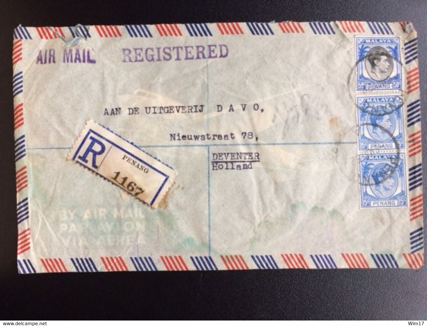 MALAYA 1952 AIR MAIL REGISTERED LETTER 06-05-1952 STAINED - Federated Malay States