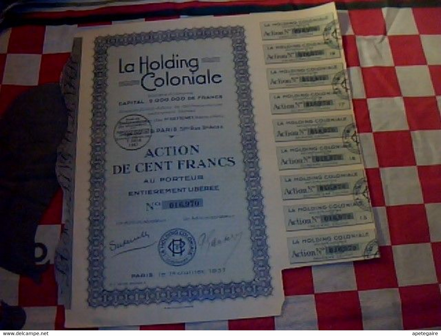 Action Obligation Année 1937  "la Holding Coloniale" Acttion De 100 Francs Au Porteur - G - I