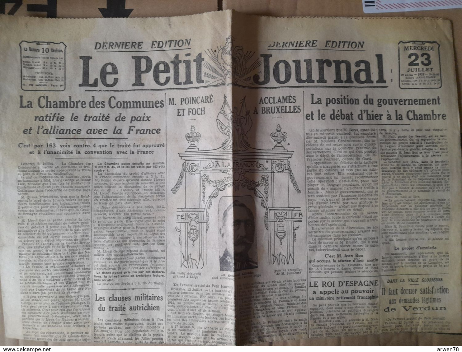 Quotidien Le Petit Journal 23 Juillet 1919 La Chambre Des Communes Ratifie Le Traité De Paix - Le Petit Parisien