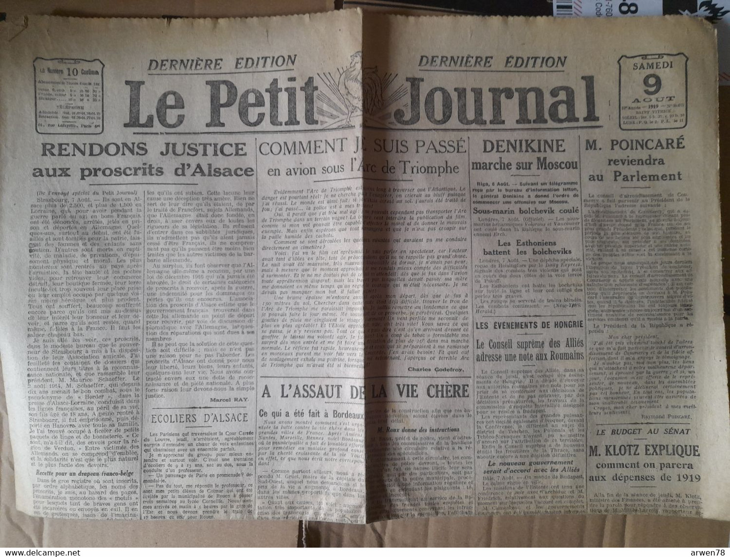 Quotidien Le Petit Journal 9 Aout  1919 Comment Je Suis Passé En Avion Sous L'arc De Triomphe - Le Petit Parisien