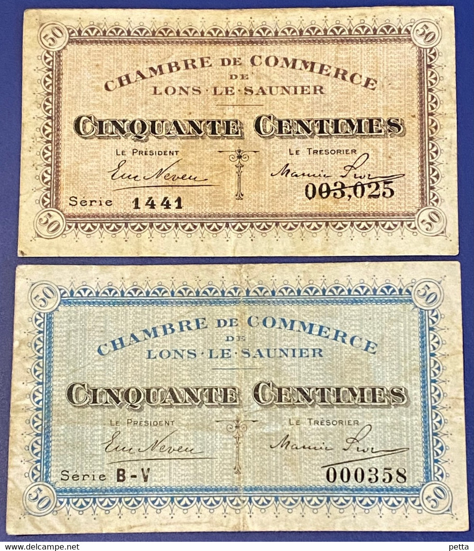 Lot De 2 Billets De 50 Centimes Chambre De Commerce De Lons-Le-Saunier Différents …. Vendu En L’état - Bons & Nécessité