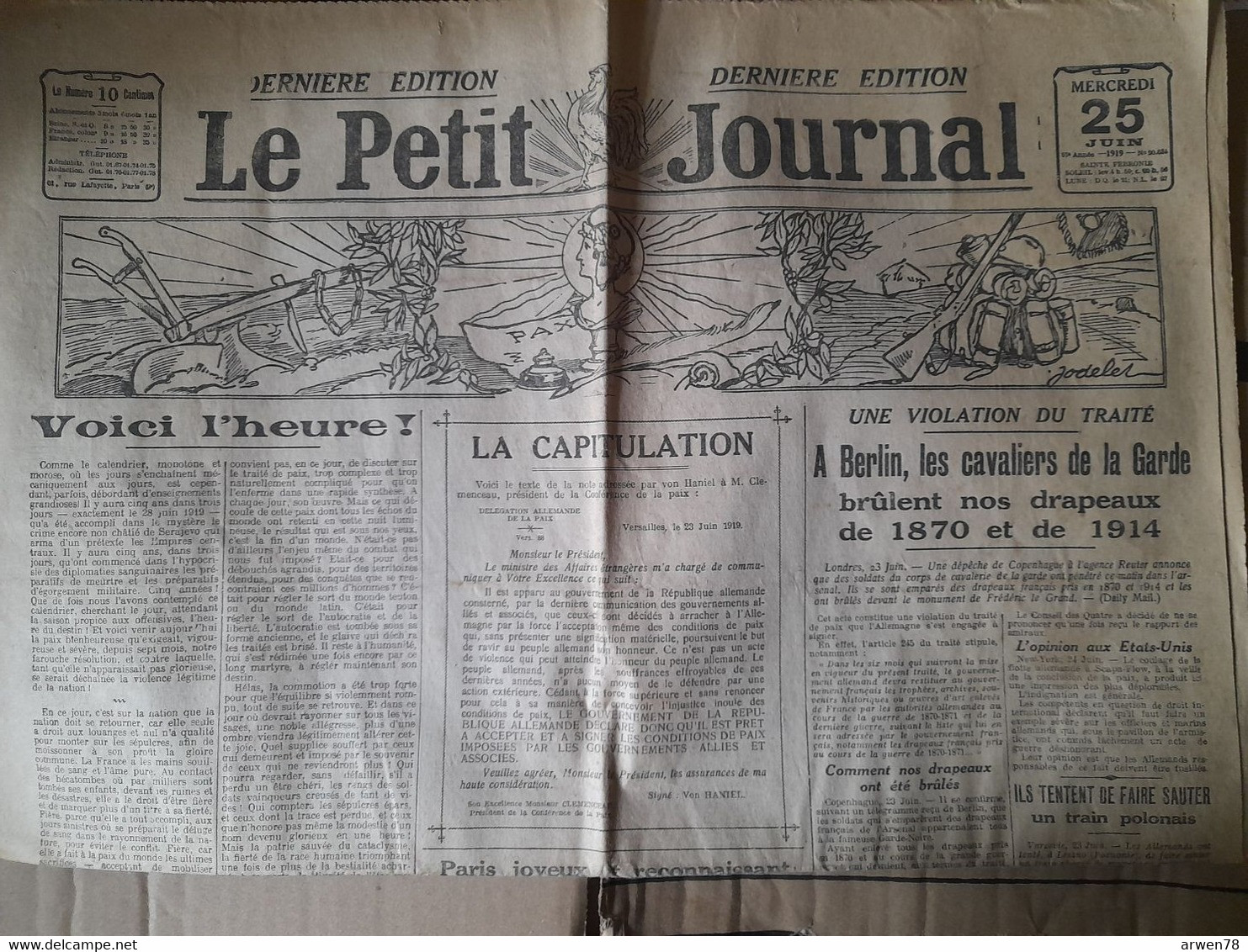 Quotidien Le Petit Journal 25 Juin 1919 La Capitulation Voici L'heure Pub Benjamin Rabier - Le Petit Parisien