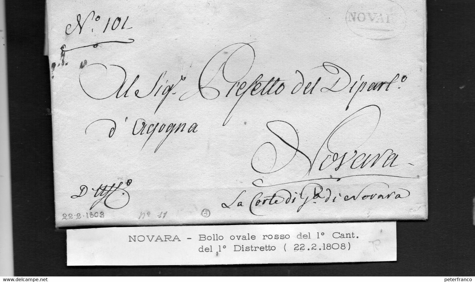 CG8-Regno D'Italia Corte Di Giustizia Civile E Criminale -Lett. Da Novara X Novara 22/2/1808-Ann. Di Novara Ovale Rosso - 1. ...-1850 Prefilatelia