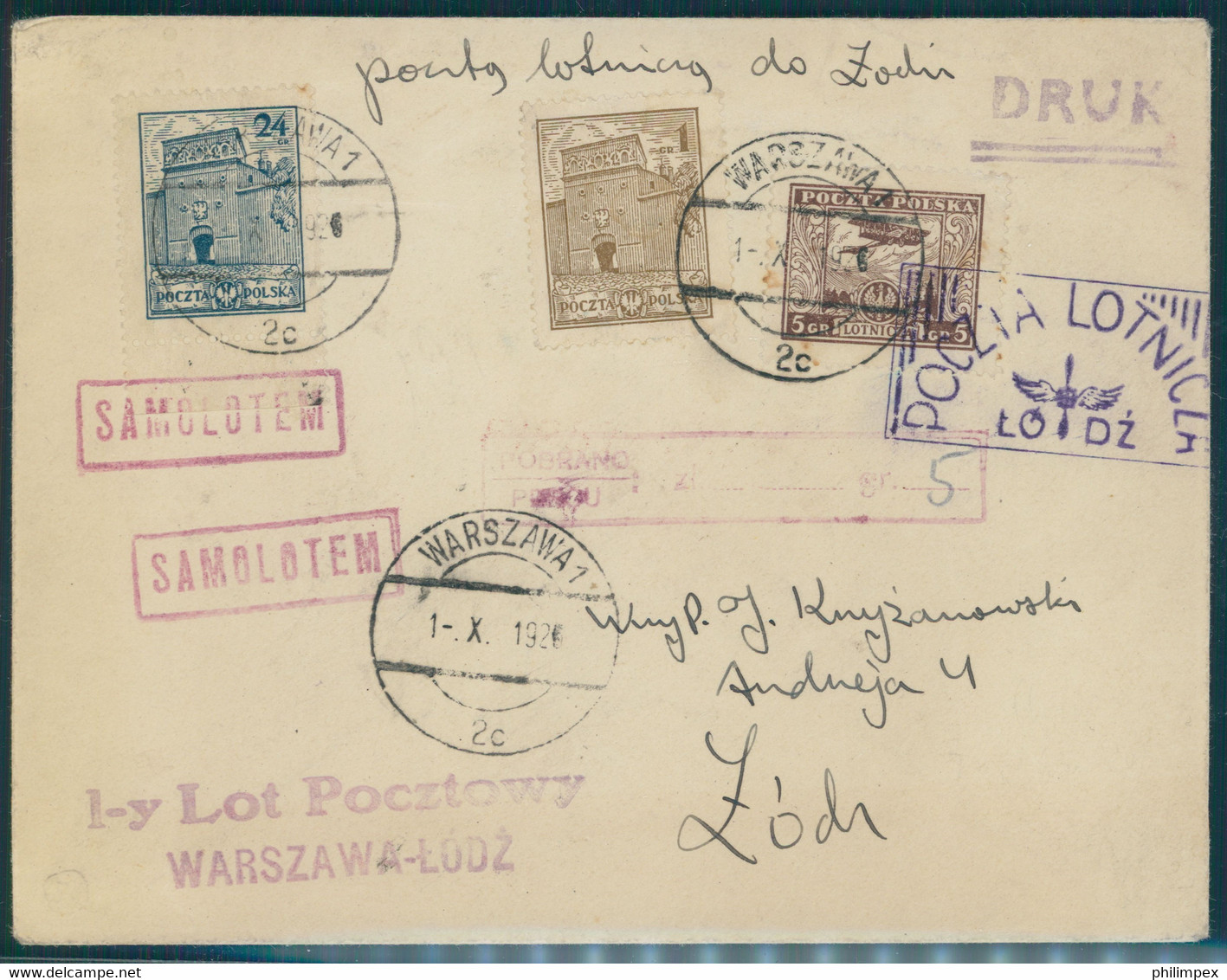 POLAND, 1-y Lot Pocztowy WARSZAWA LODZ 1 X 1926 - Aviones