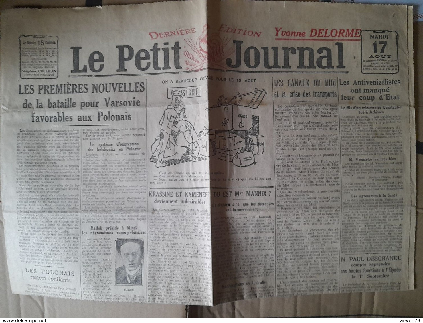 Quotidien Le Petit Journal 17 Aout 1920 Pub Pour Dubonnet Dessin Lami Mer  Bataille Pour Varsovie Les Canaux Du Midi - Le Petit Parisien