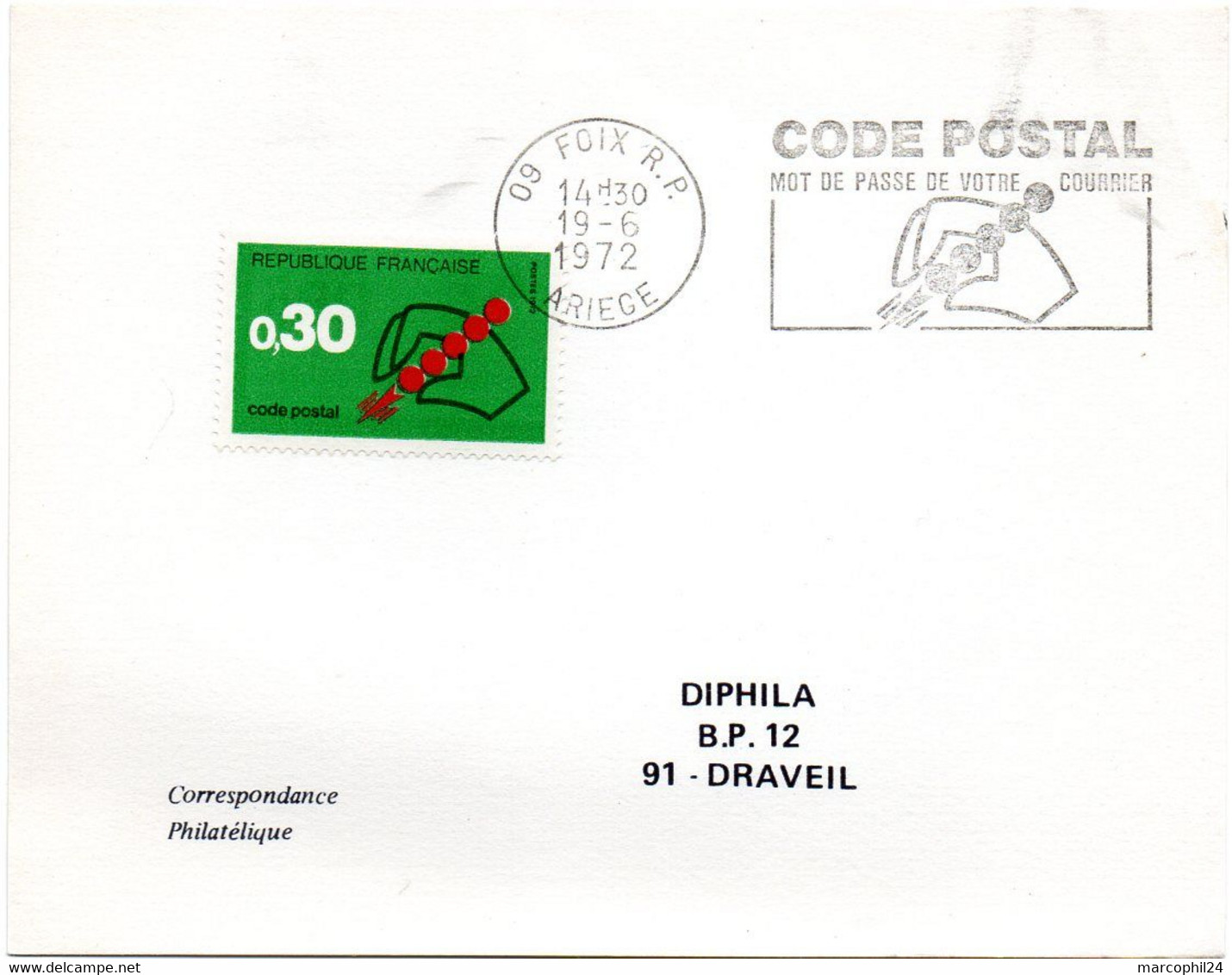 ARIEGE - Dépt N° 09 = FOIX RP 1972 =  FLAMME CONCORDANTE =  SECAP Illustrée ' CODE POSTAL / Mot Passe' - Código Postal