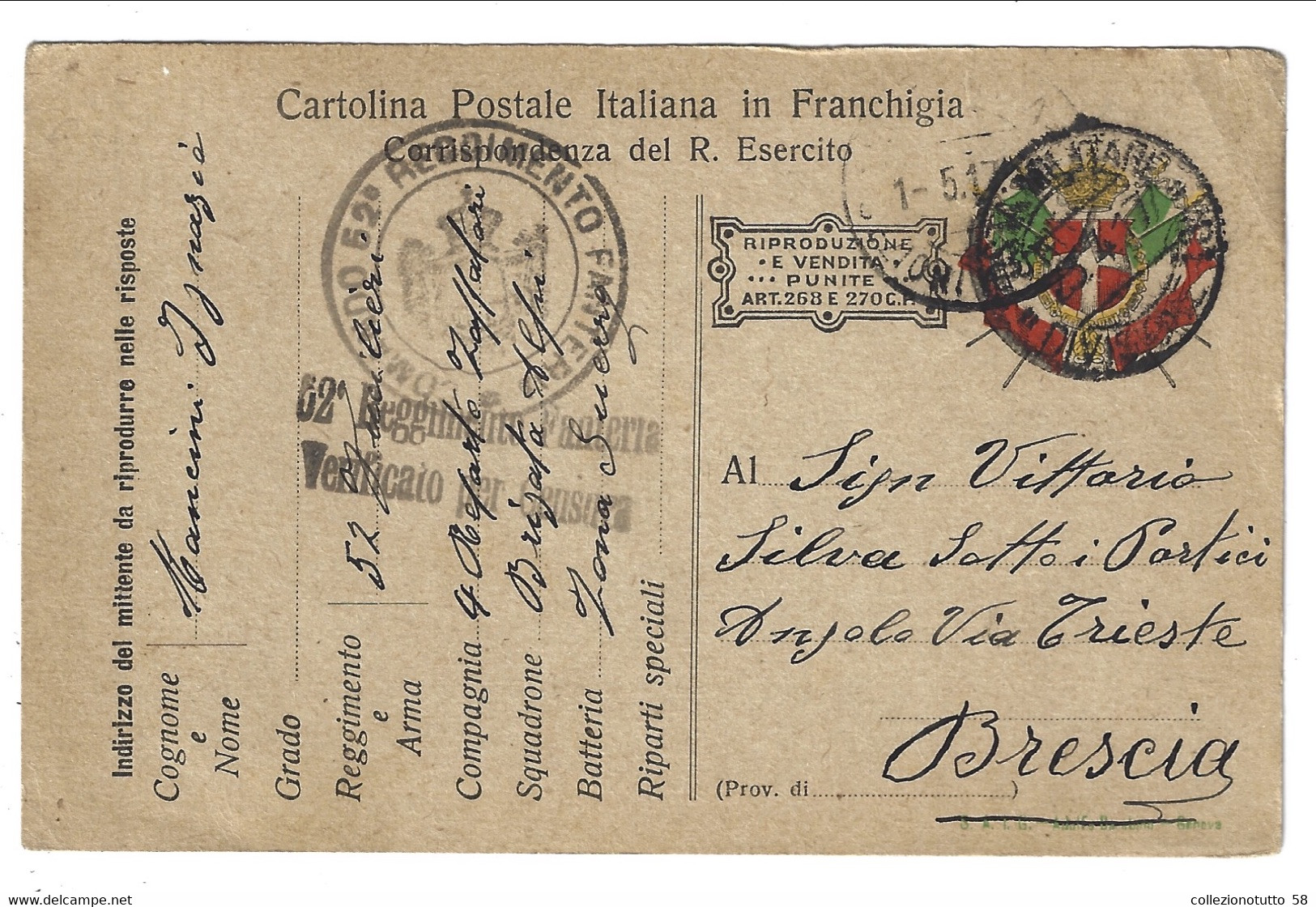 FRANCHIGIA I GUERRA MONDIALE Maggio 1917 P.M.Divisone 18 Per Brescia, Errato Transito A Angolo. 52 Reggimento. Ed. Barab - Marcophilie