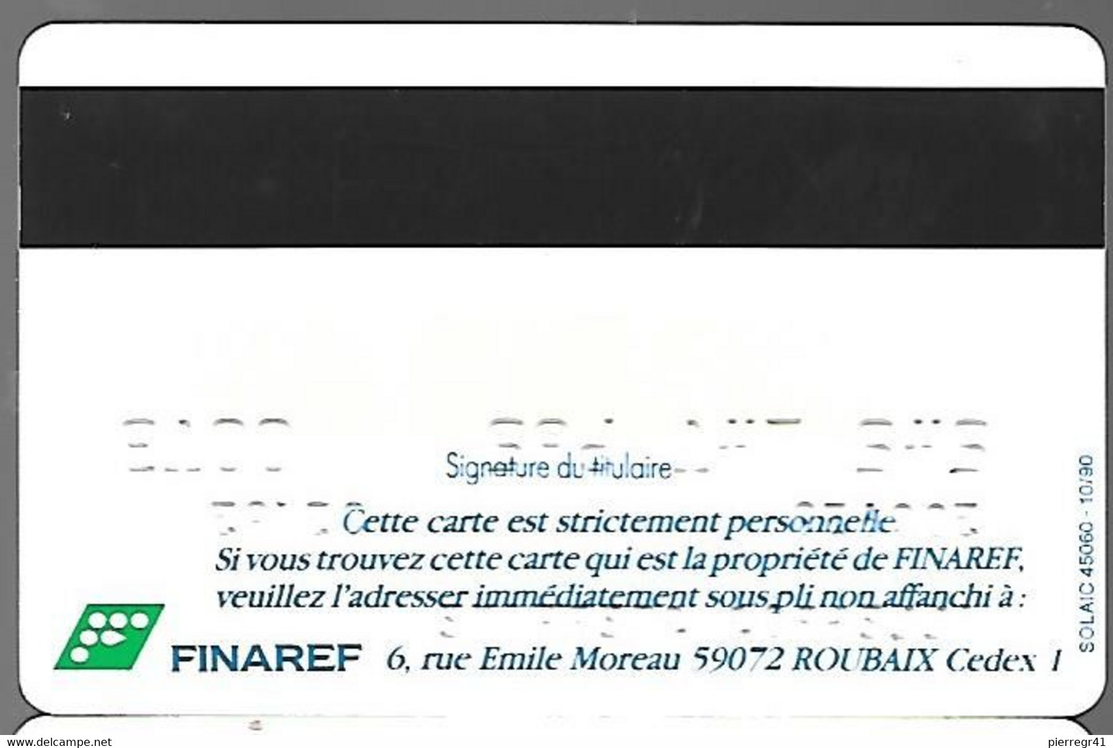 -CARTE-MAGNETIQUE-CB-FINAREF-KANGOUROU-Exp 03/95-V° Solaic 45060-10/90-TBE-RARE - Tarjeta Bancaria Desechable