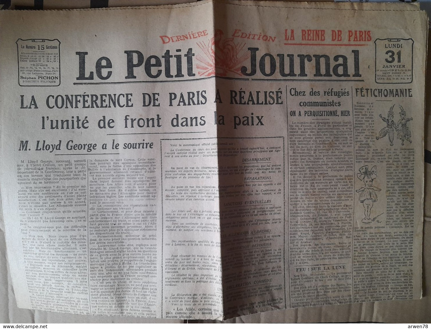 Quotidien Le Petit Journal 31 Janvier 1921 Pub Solex 24 Heures Du Mans La Conferance De Paris Lloyd George A Le Sourire - Le Petit Parisien