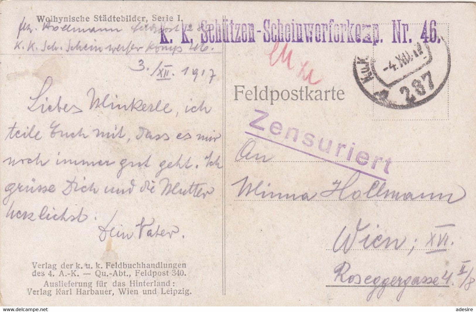 K.K.SCHÜTZEN-SCHEINWERFERKOMPANIE Nr.46 (Sonderstempel), Zensuriert, Auf Ak WOLHYNISCHES STADTBILD - Künstlerkarte ... - 1914-18