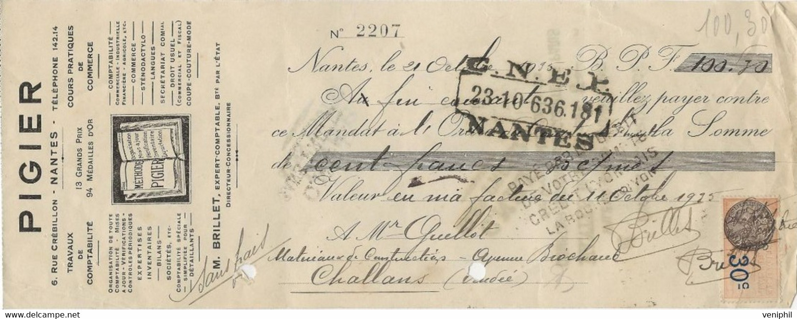 LETTRE DE CHANGE - PIGIER -NANTES -ANNEE 1935 - Wechsel