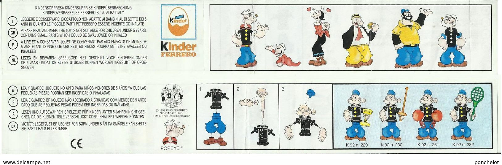 KINDER EU 1992 K92 229, 230, 231, 232 POPEYE UND SEINE FREUNDE Popeye BPZ Avec Pays - Dessins Animés