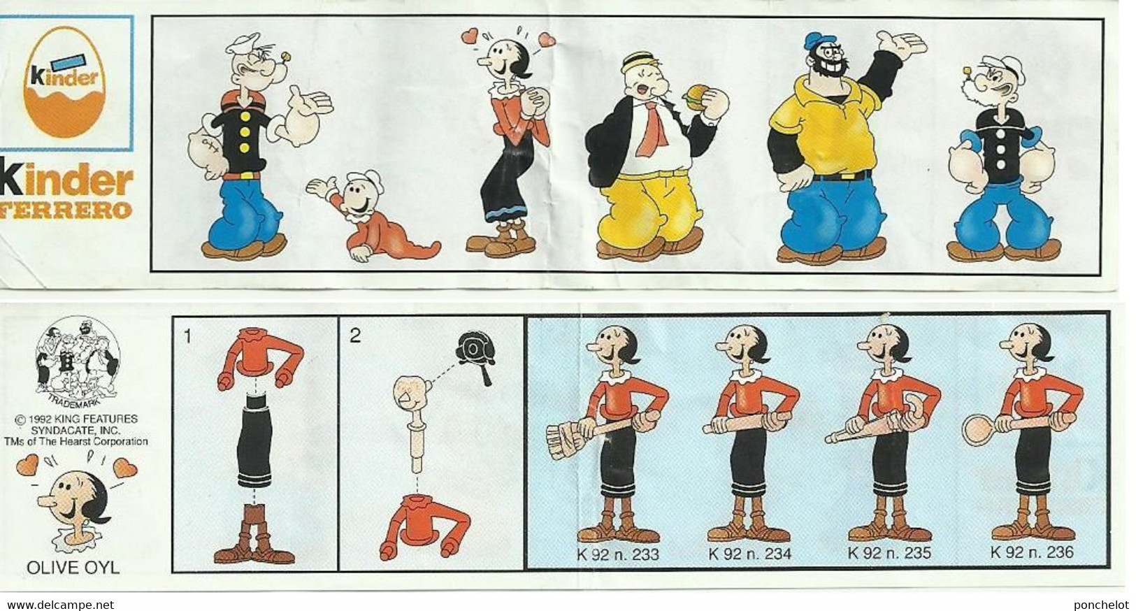 KINDER EU 1992 K92 233, 234, 235, 236 POPEYE UND SEINE FREUNDE BPZ Sans Pays Olivie Oyl Rouge - Cartoons