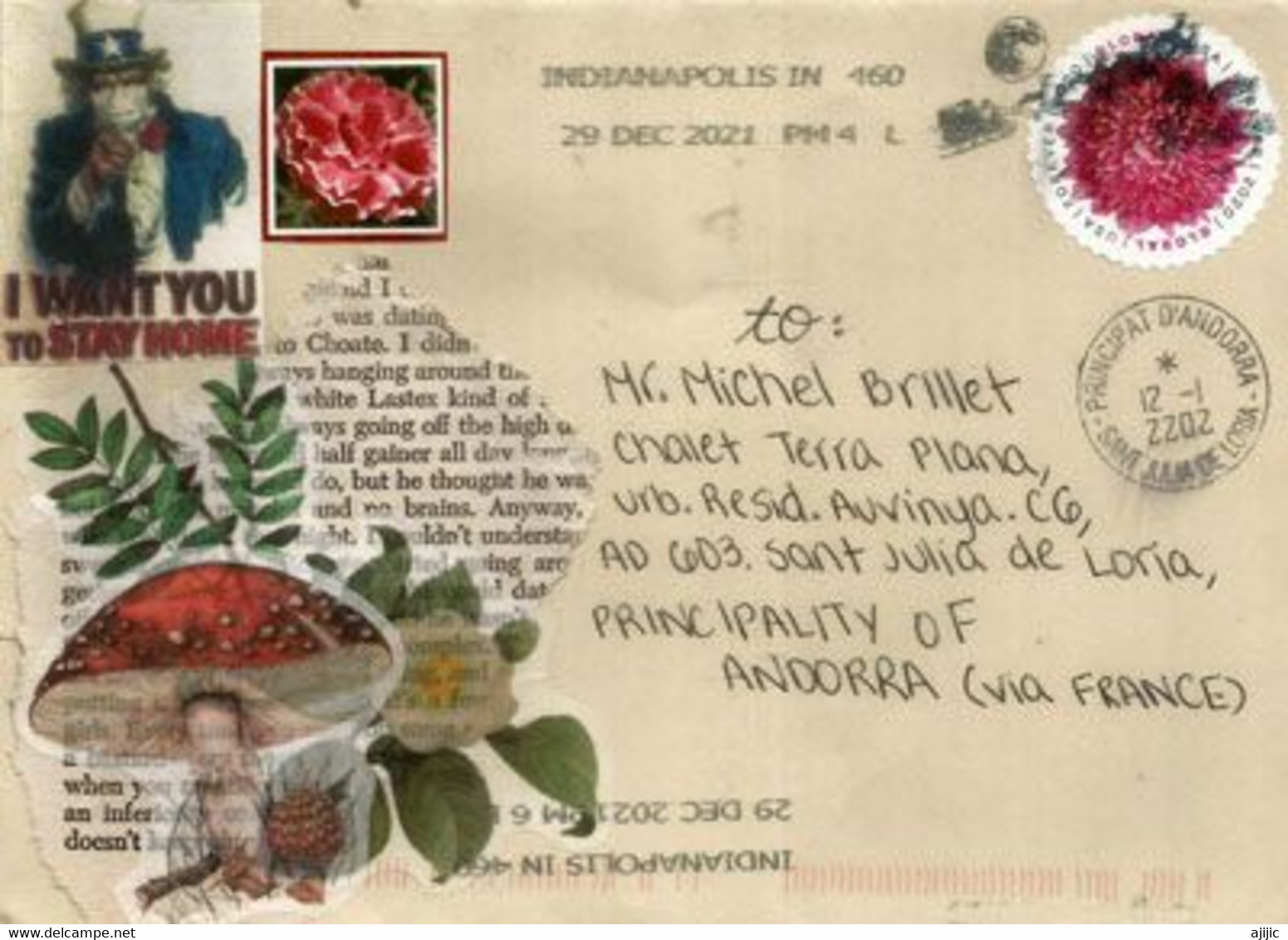 Letter From INDIANAPOLIS, With Sticker COVID-19 (UNCLE SAM) "I WANT YOU TO STAY HOME",sent To Andorra (Principality) - Lettres & Documents
