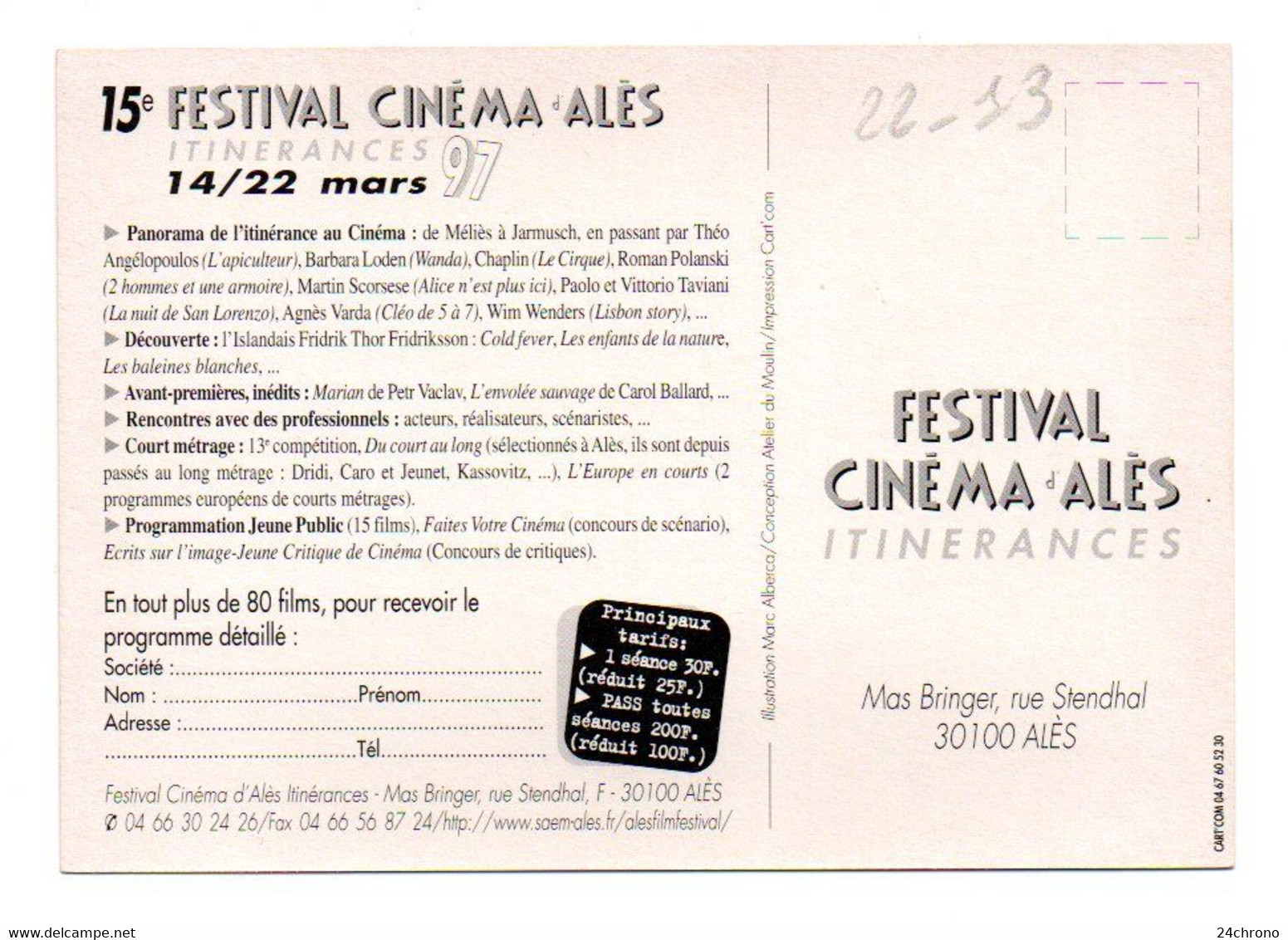 Ales: 14 Au 22 Mars 1997, 15ème Festival Cinema D'Ales, Itinerances, Avion (22-13) - Alès