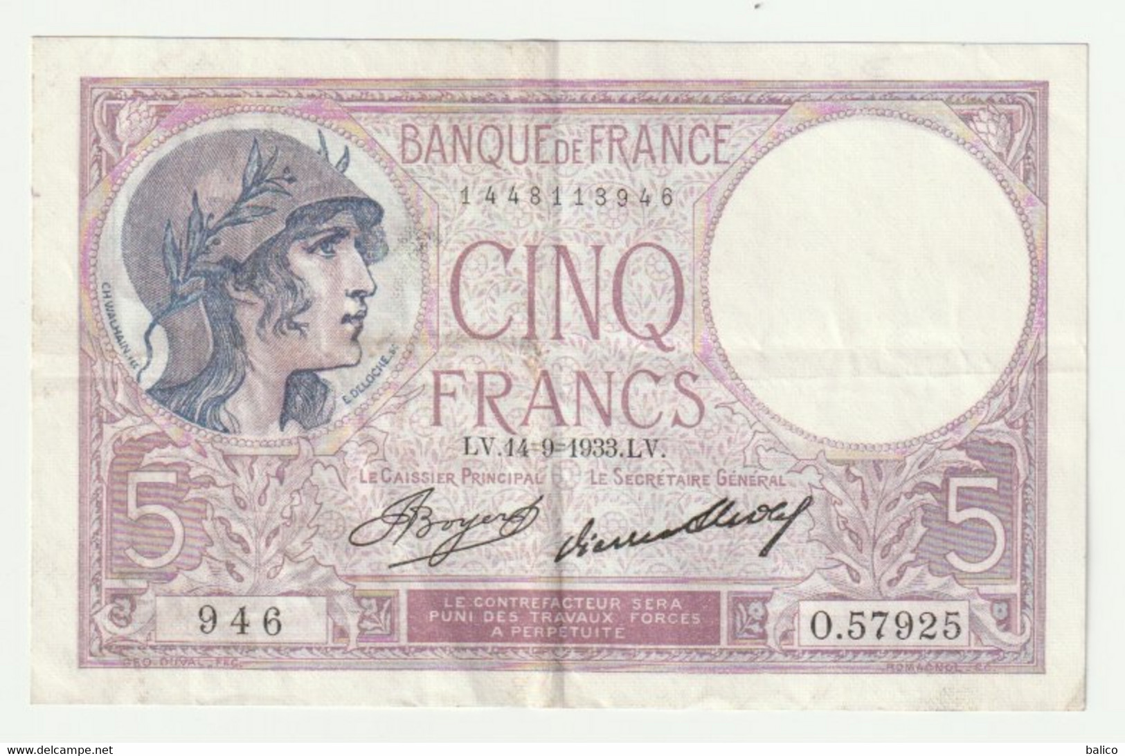 France - Billet 5 Francs Violet Du 14-9-1933    N°   O.57925  946  (pas De Trous D'épingle) - 5 F 1917-1940 ''Violet''