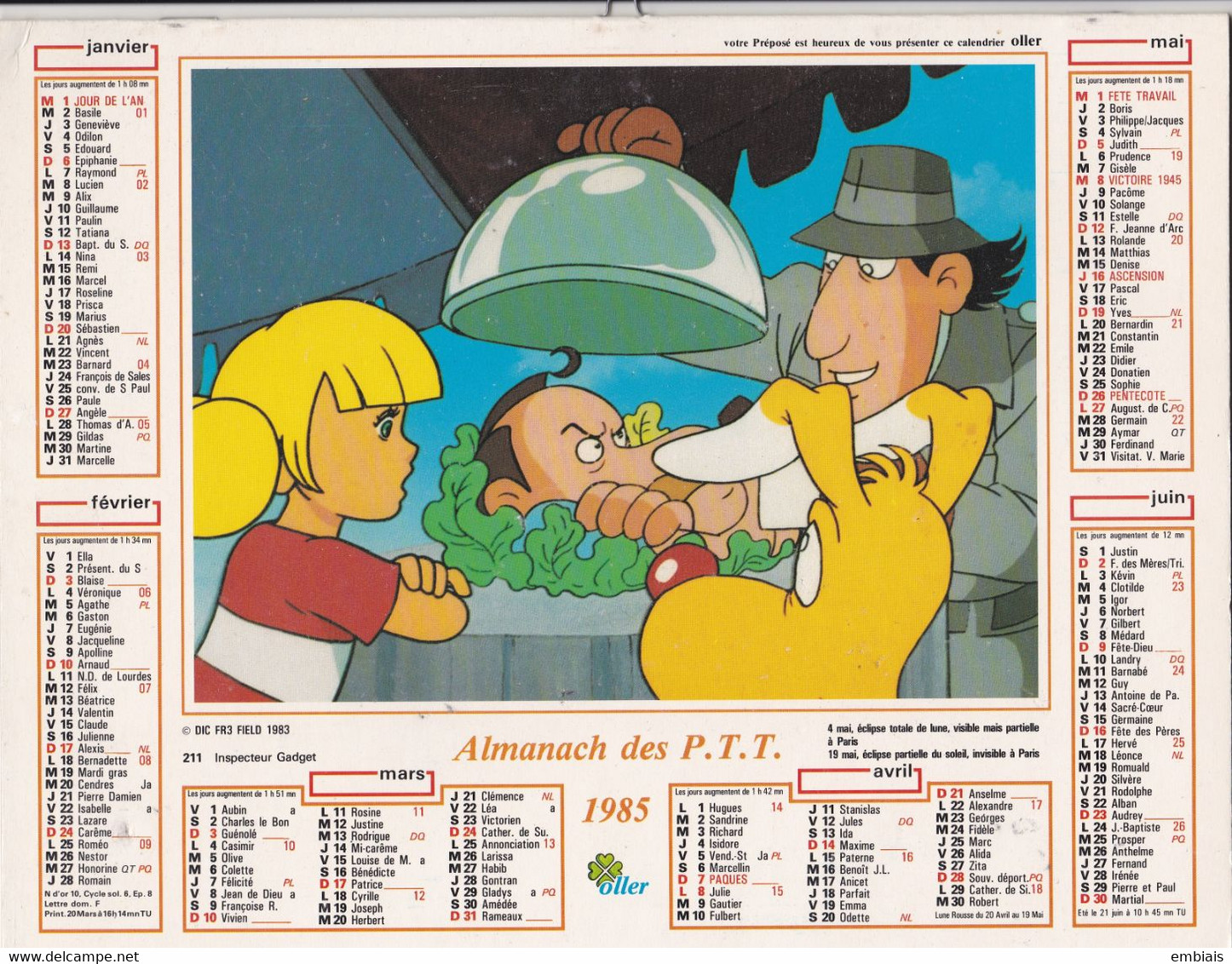 1985  ALMANACH DES PTT  - INSPECTEUR GADGET - Imprimerie Oller - Petit Format : 1981-90