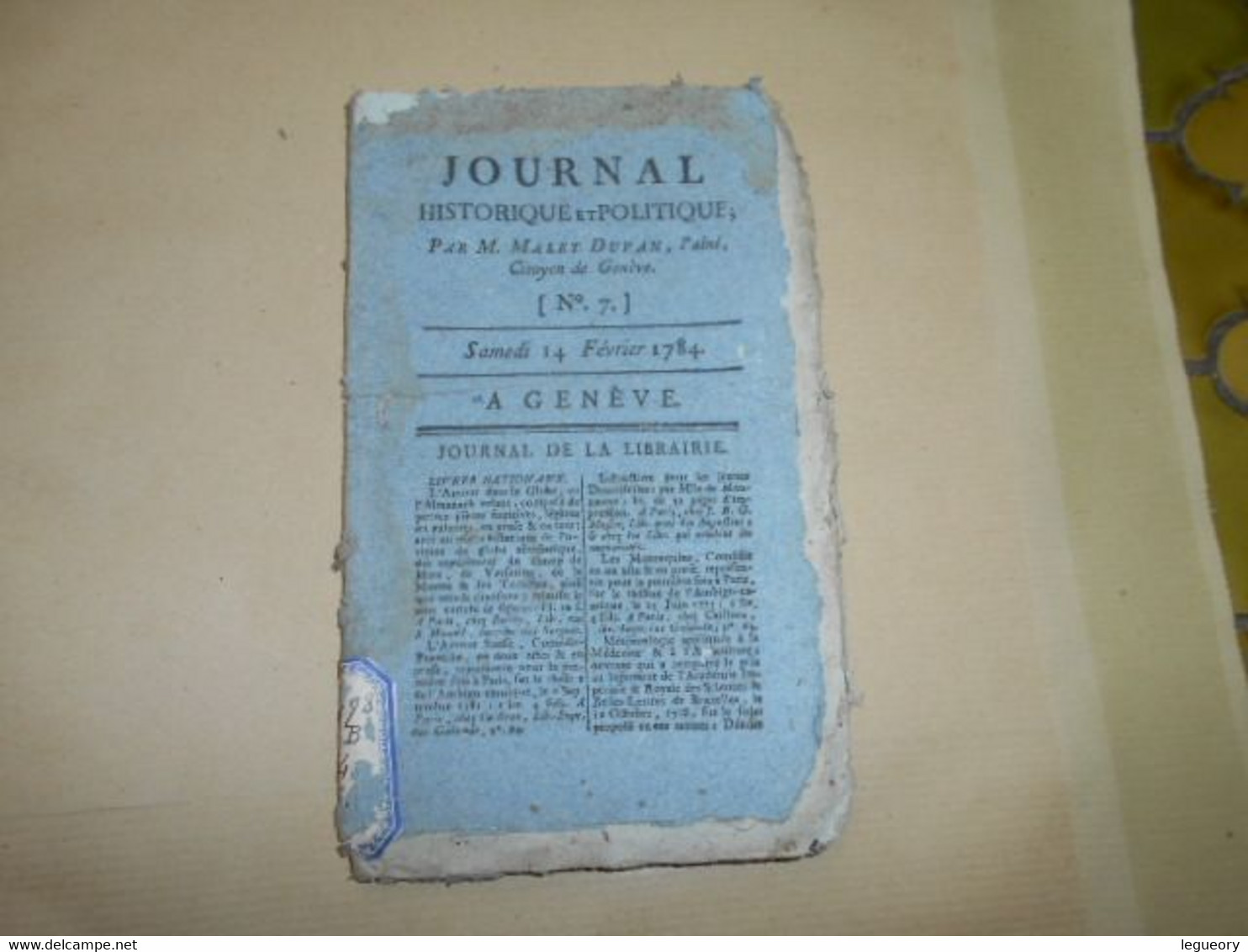 Mercure De France N° 7  Samedi  14 Juillet 1784  Journal De La Librairie - Giornali - Ante 1800