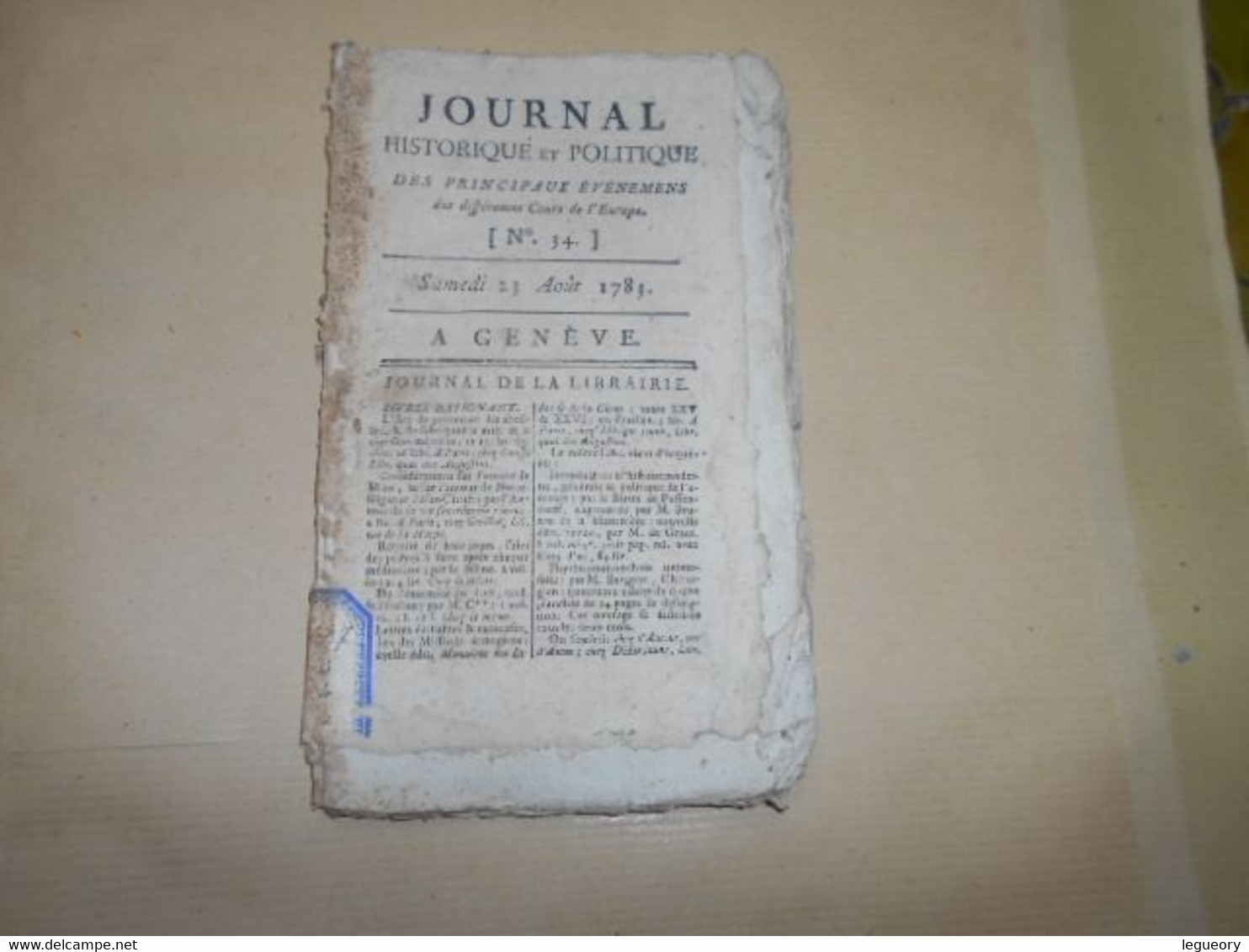 Mercure De France  N° 34   Samedi   23 Aout   1783   Journal De La Librairie - Journaux Anciens - Avant 1800