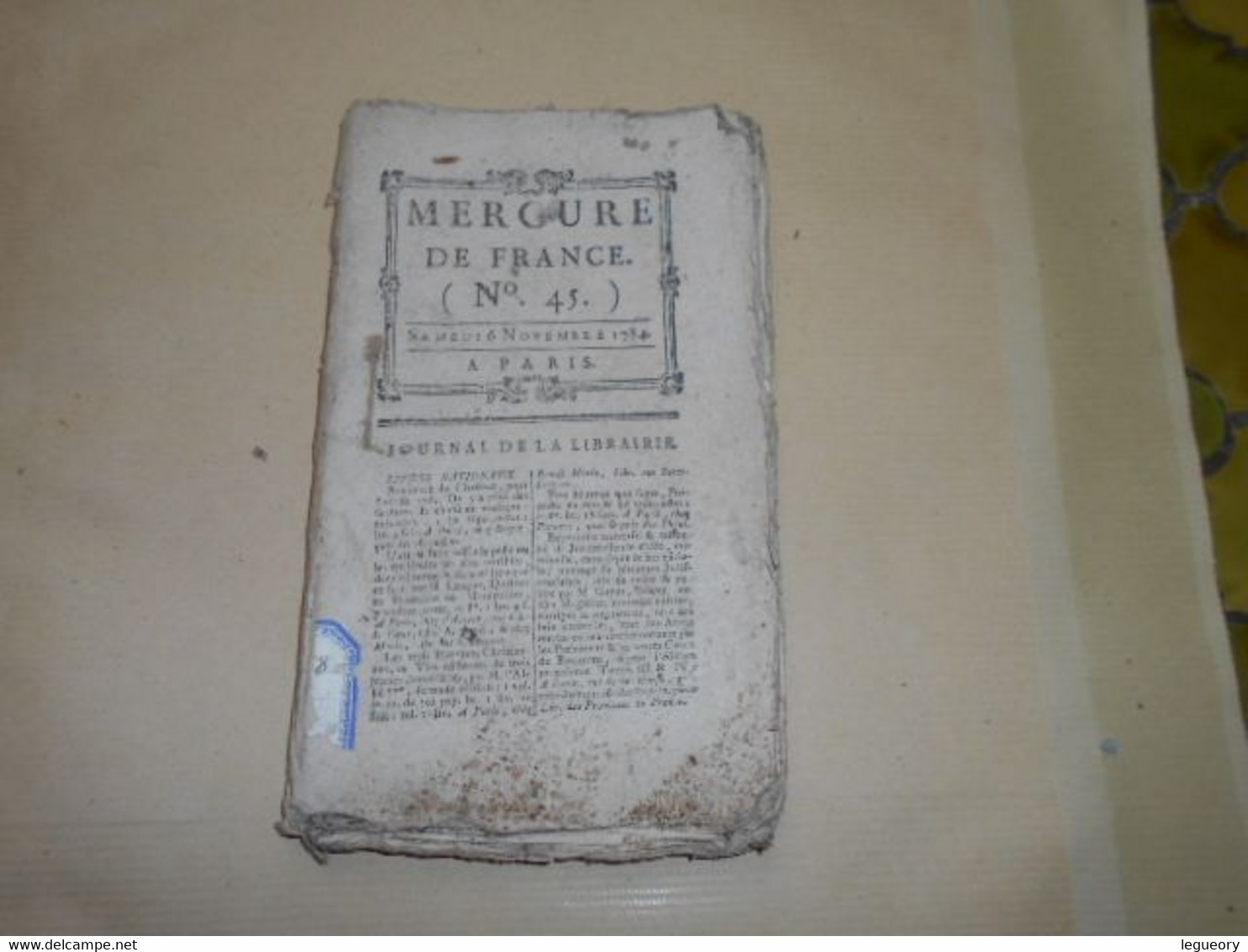 Mercure De France  N° 45   Samedi 6 Novembre  1784   Journal De La Librairie - Periódicos - Antes 1800