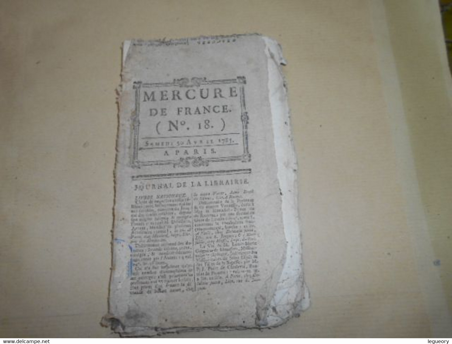 Mercure De France  N° 18   Samedi  30 Avril   1785  Journal De La Librairie - Journaux Anciens - Avant 1800