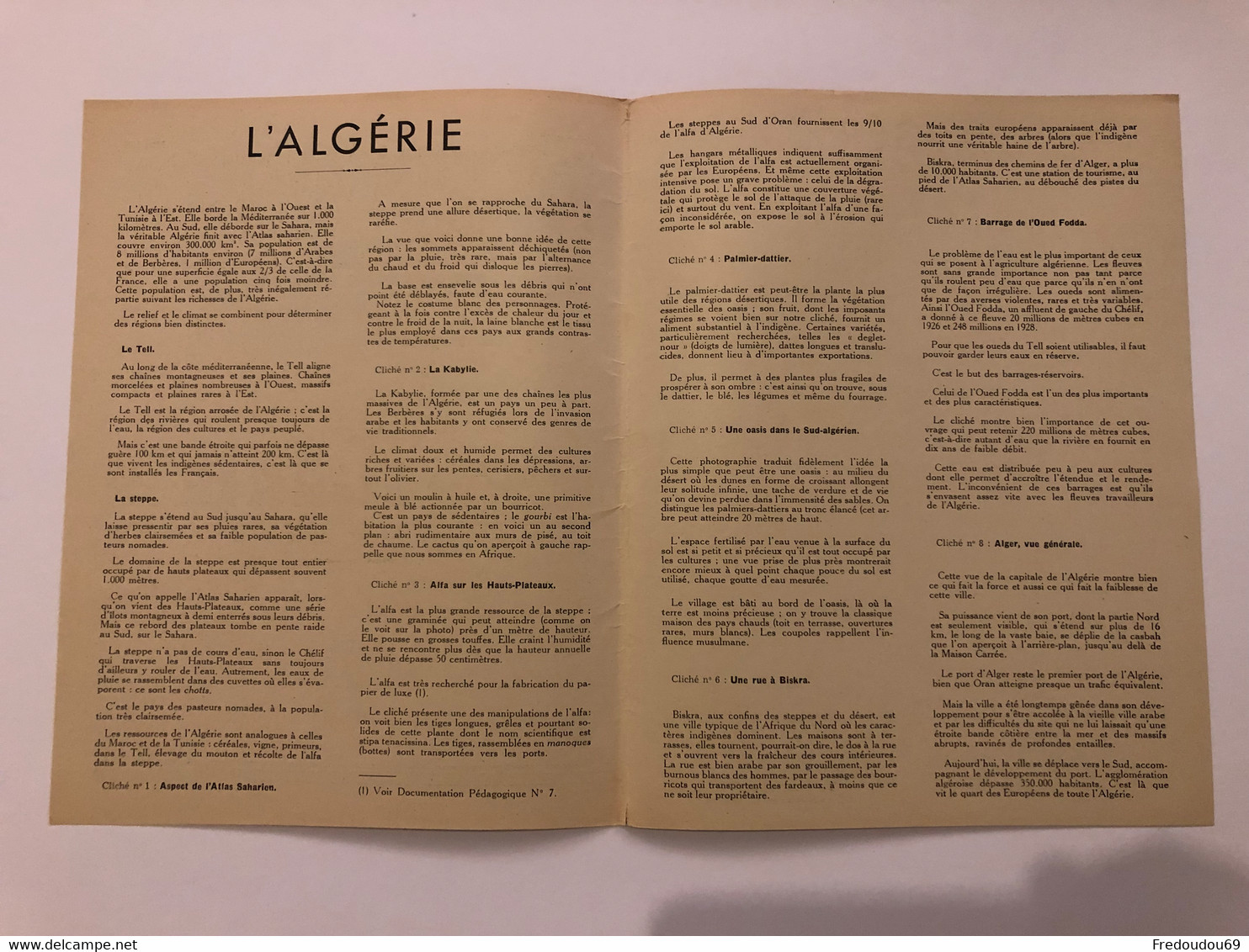 Documentation Pédagogique - Ecole - Géographie  - L'algérie - Mars 1951 - Lesekarten