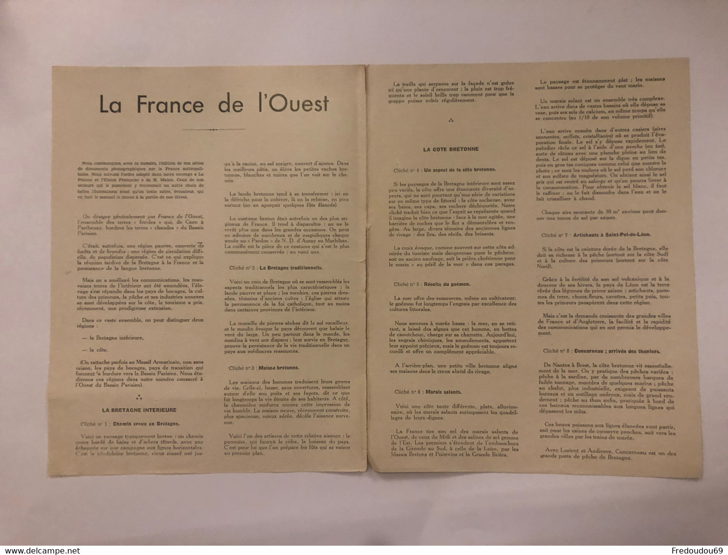 Documentation Pédagogique - Ecole - Géographie  - La France De L'ouest - Avril 1951 - Fiches Didactiques