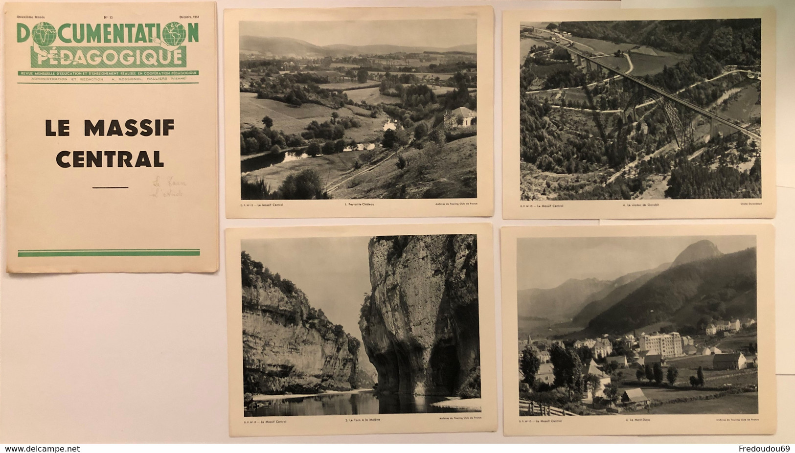 Documentation Pédagogique - Ecole - Géographie  - Le Massif Central - Octobre 1951 - Lesekarten