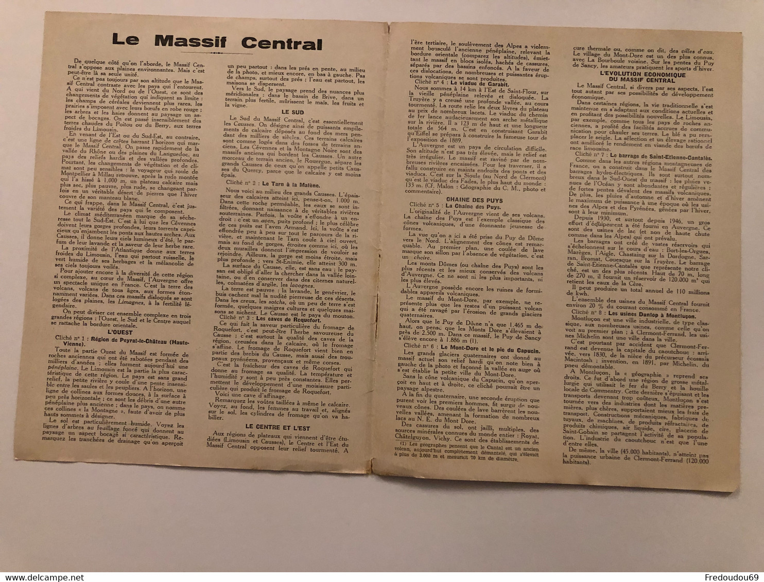 Documentation Pédagogique - Ecole - Géographie  - Le Massif Central - Octobre 1951 - Fiches Didactiques