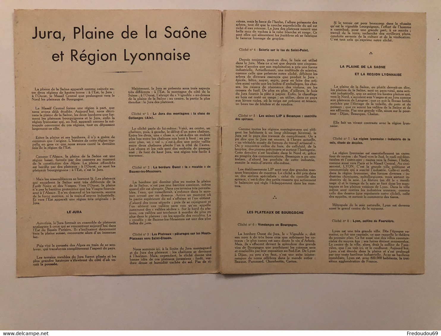 Documentation Pédagogique - Ecole - Géographie  - Le Jura Et La Plaine De La Saône - Janvier 1952 - Fiches Didactiques