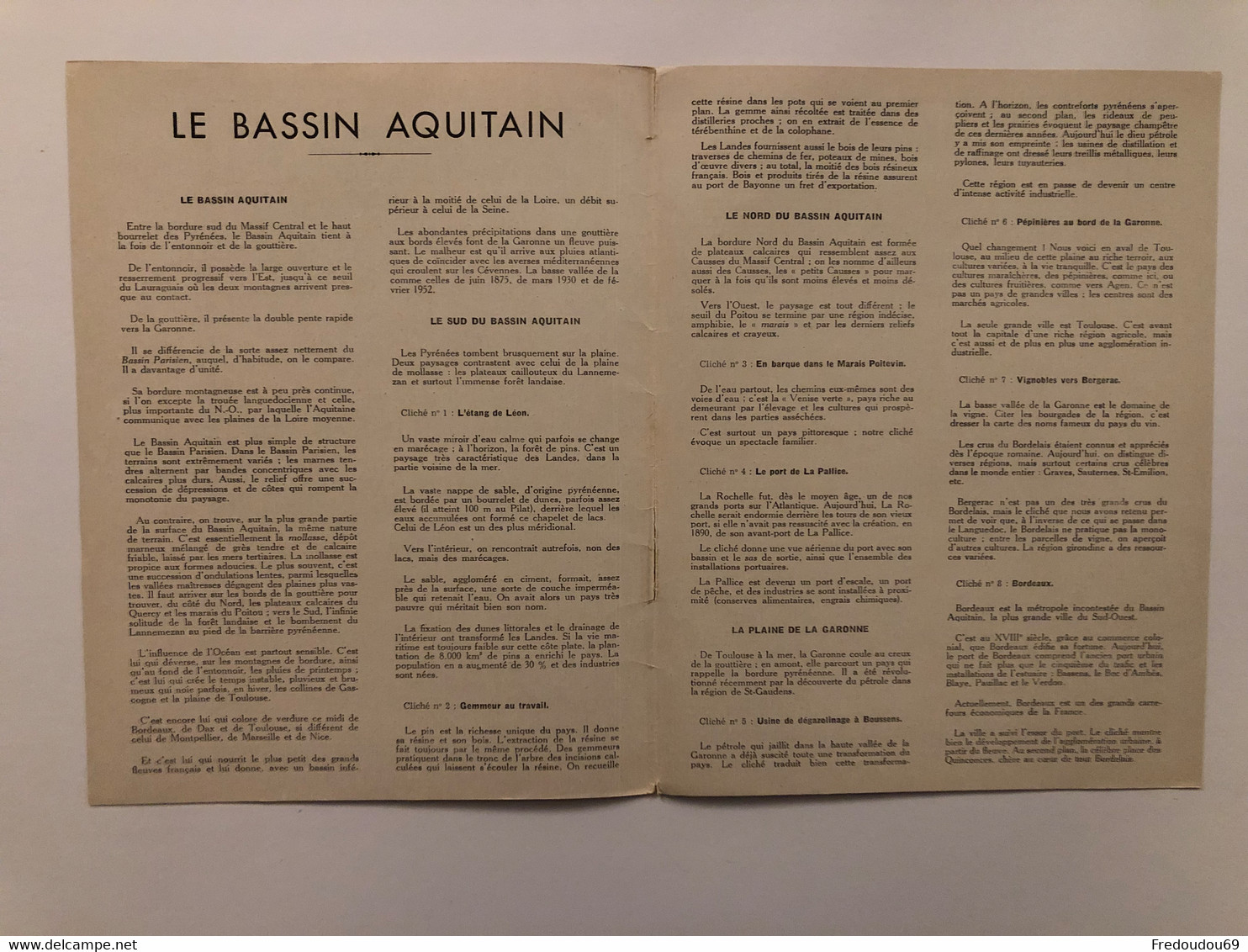 Documentation Pédagogique - Ecole - Géographie  - Le Bassin Aquitain - Février 1952 - Fichas Didácticas